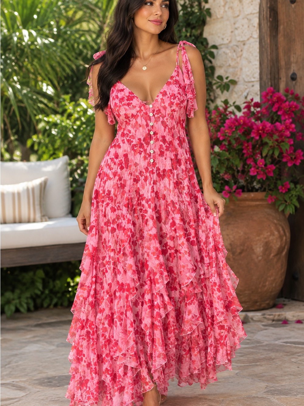 Free People Pink and Red Floral Tiered Ruffle Maxi Dress with Tie Straps